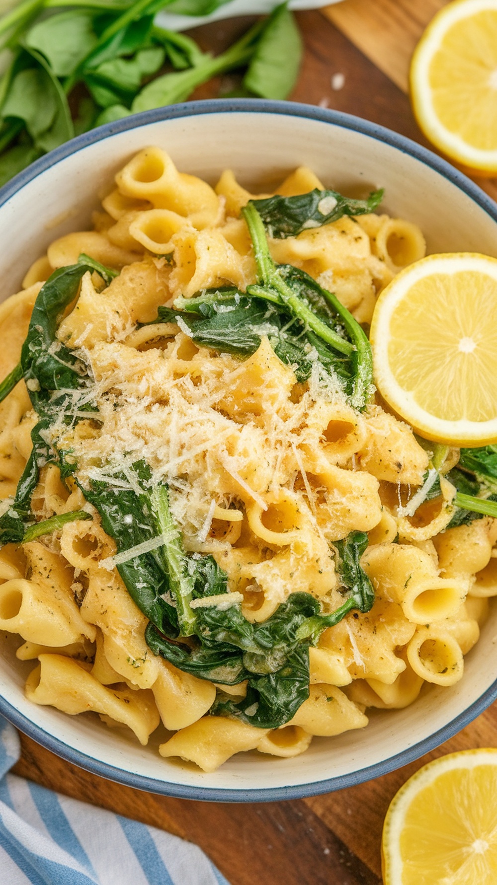 A bowl of garlic lemon pasta with spinach, garnished with lemon slices and cheese.