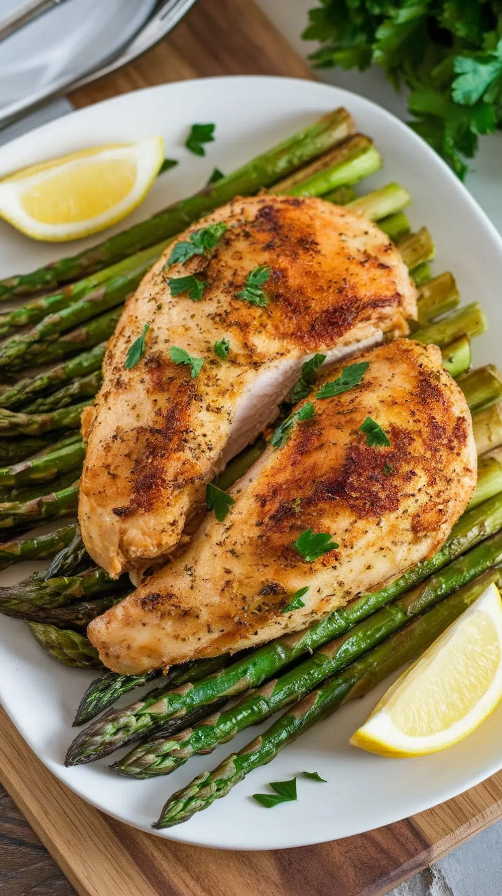 Garlic Parmesan Chicken and Asparagus dish with lemon slices