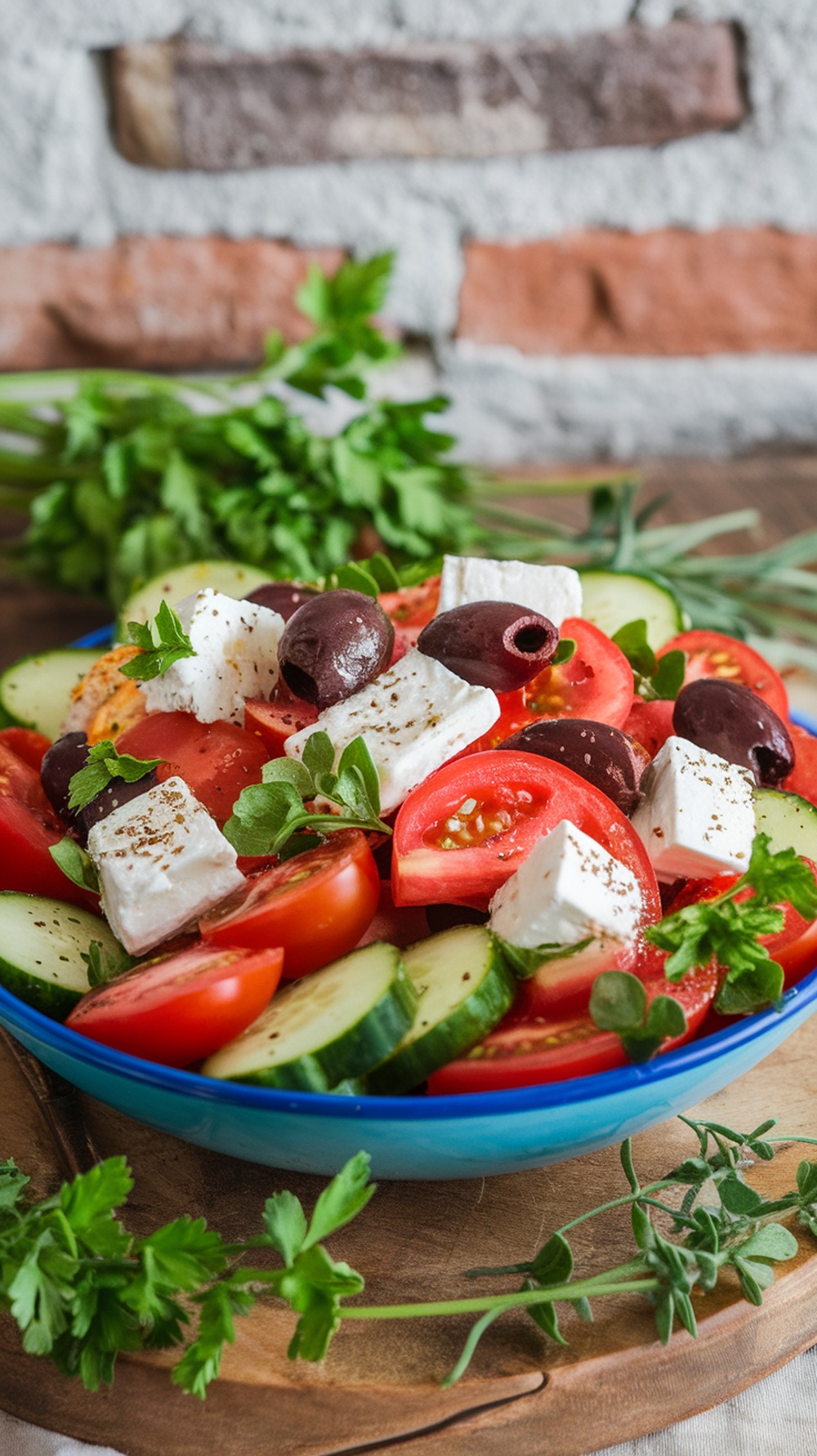 A vibrant Greek salad with feta cheese and olives, featuring fresh tomatoes and cucumbers.