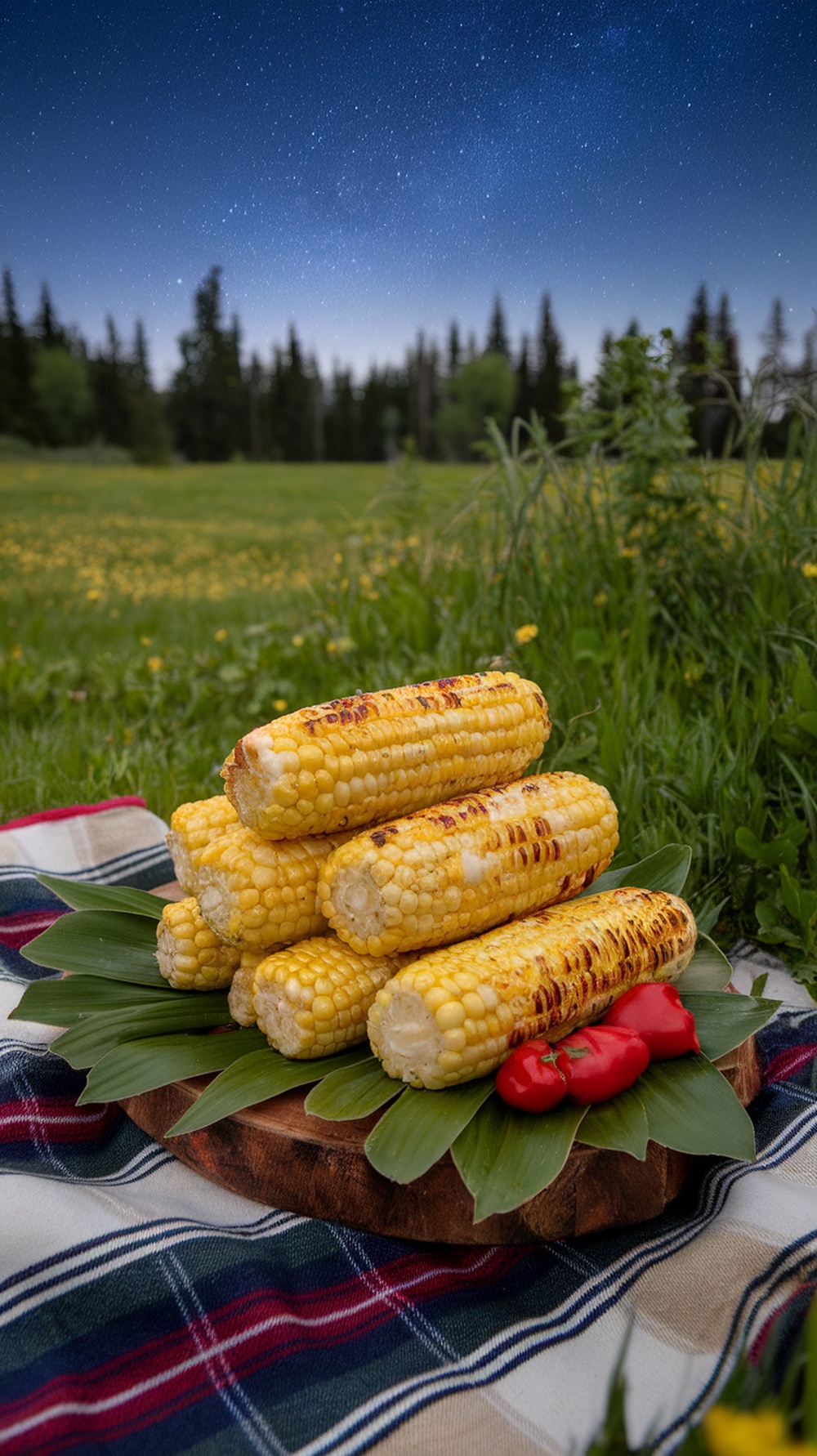 Grilled corn on the cob with chili lime butter, stacked on a wooden platter with cherry tomatoes, set against a summer evening backdrop.