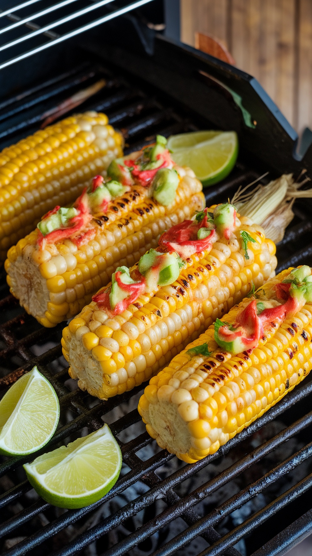 Grilled corn on the cob topped with chili lime butter and garnished with lime wedges