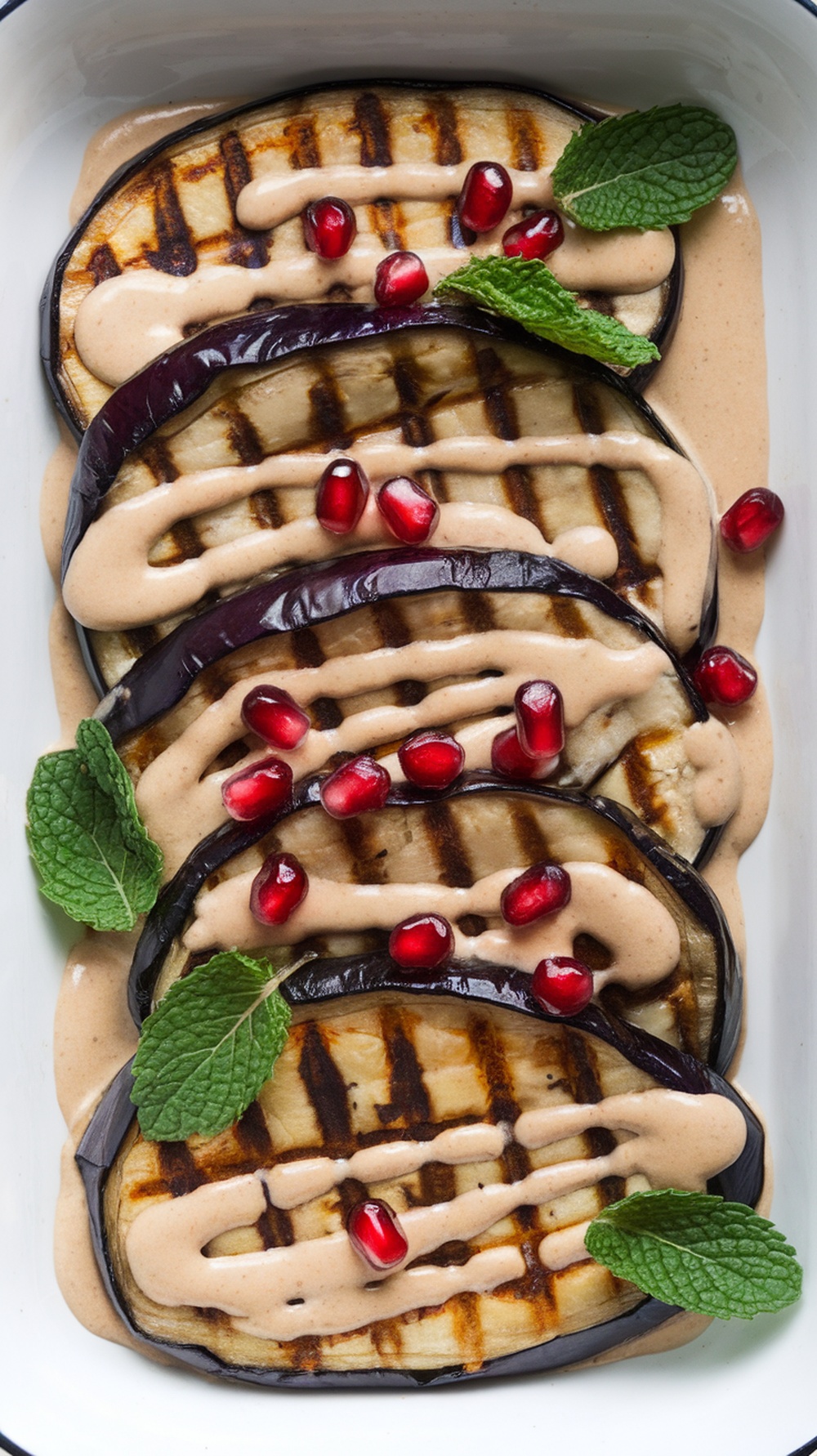 Grilled eggplant slices topped with tahini sauce, pomegranate seeds, and mint leaves.
