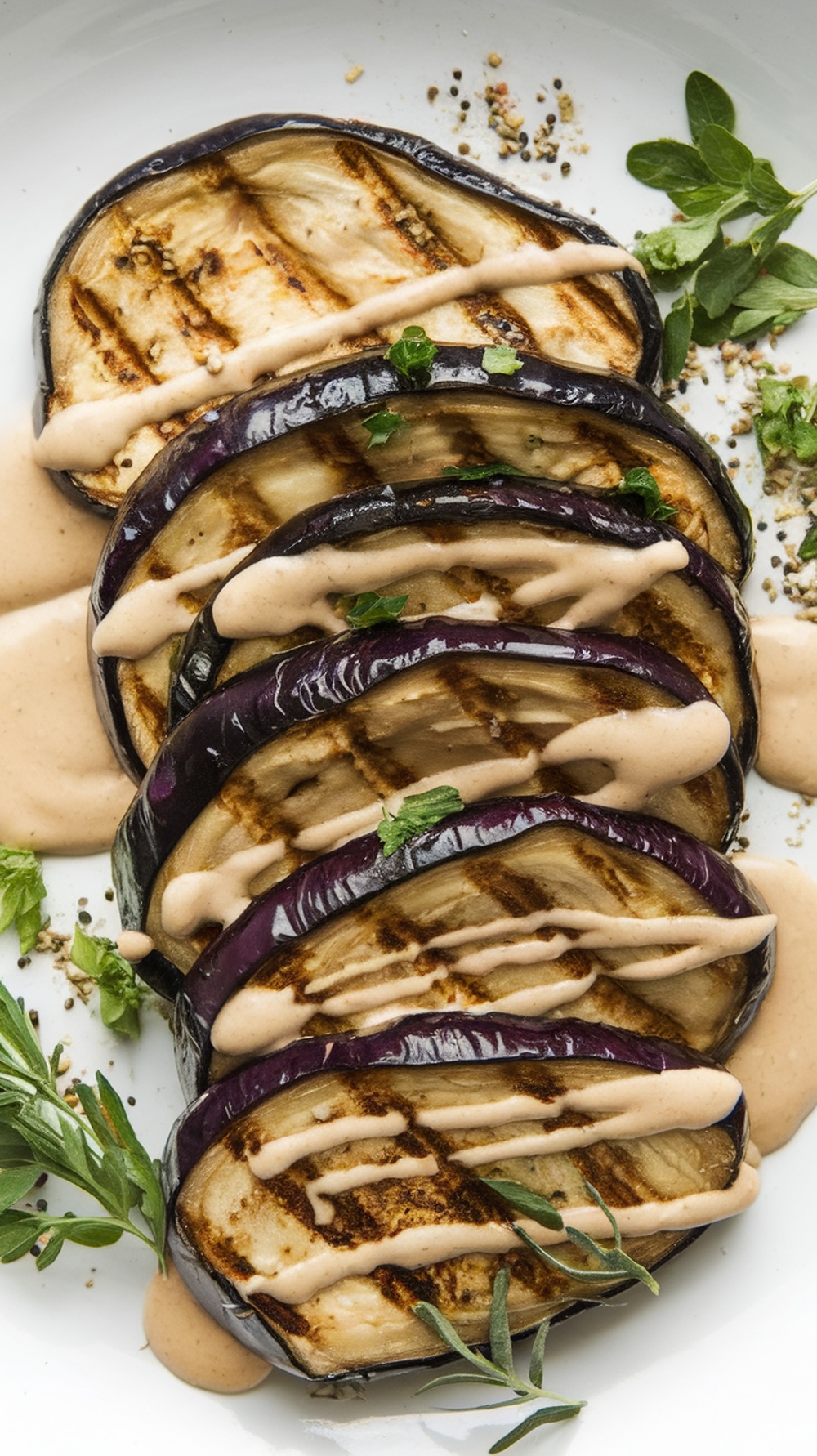 Grilled eggplant slices drizzled with tahini sauce and garnished with fresh herbs.