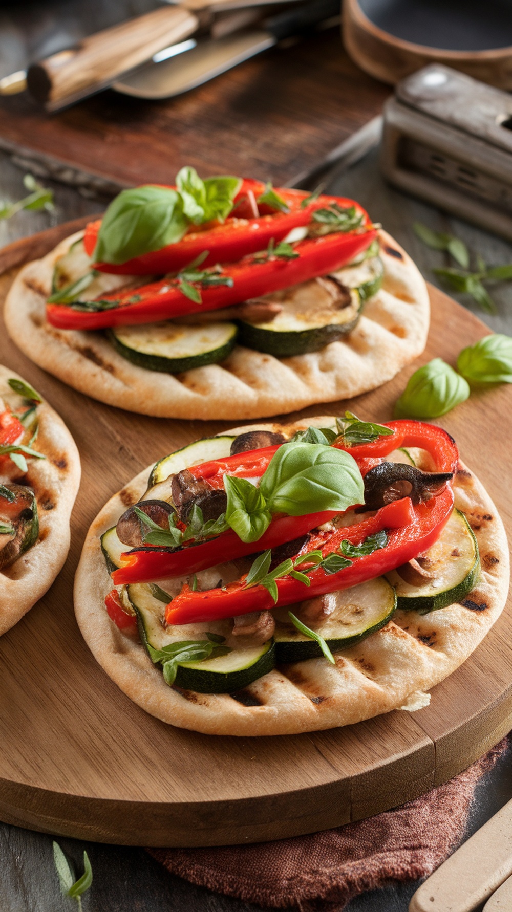 Grilled flatbreads topped with zucchini, red bell pepper, and herbs on a wooden board.