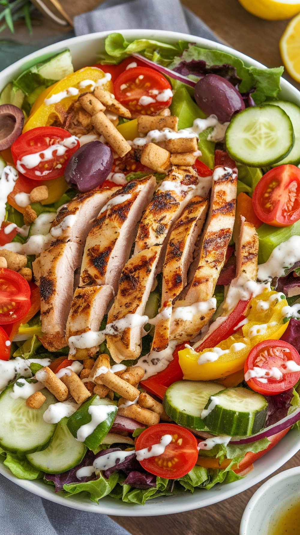 A colorful Grilled Lemon Herb Chicken Salad with grilled chicken, fresh vegetables, and creamy dressing.
