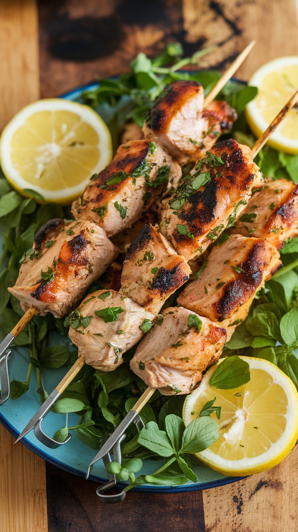 Grilled lemon herb chicken skewers on a plate with lemon slices