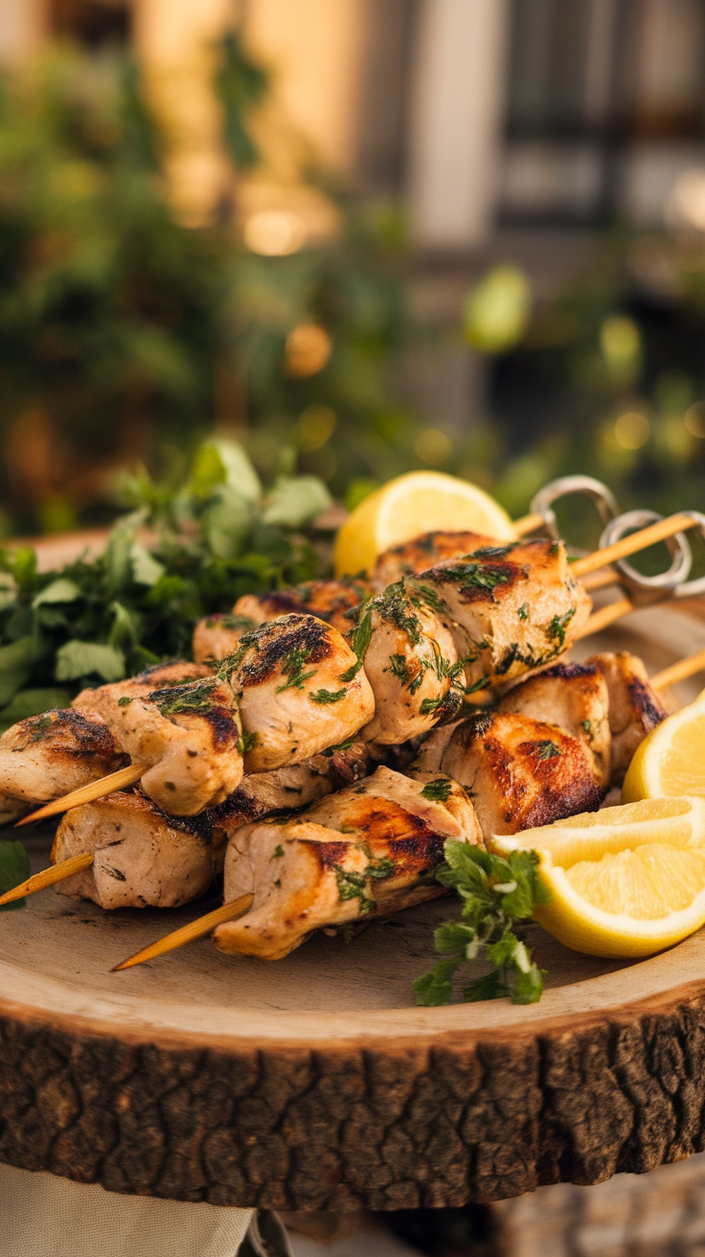Grilled lemon herb chicken skewers on a wooden platter with lemon slices and fresh herbs.