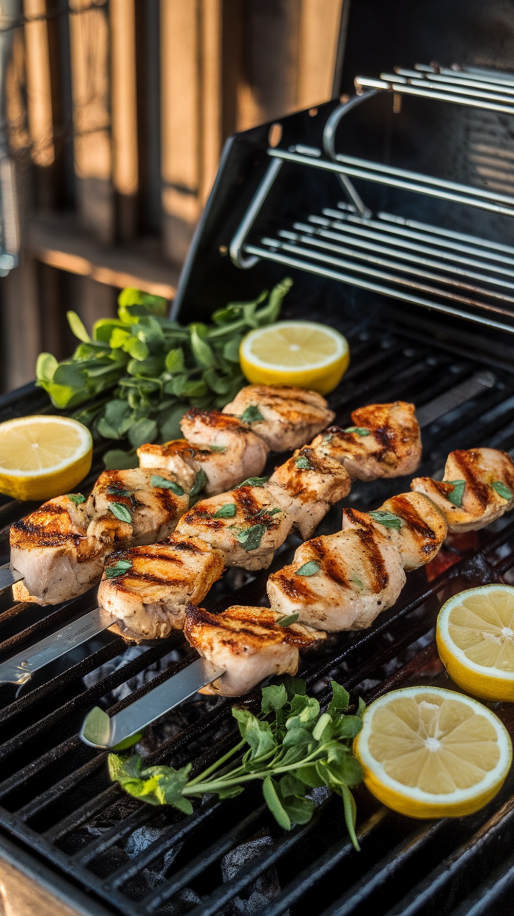 Grilled lemon herb chicken skewers on a grill with lemon slices and fresh herbs