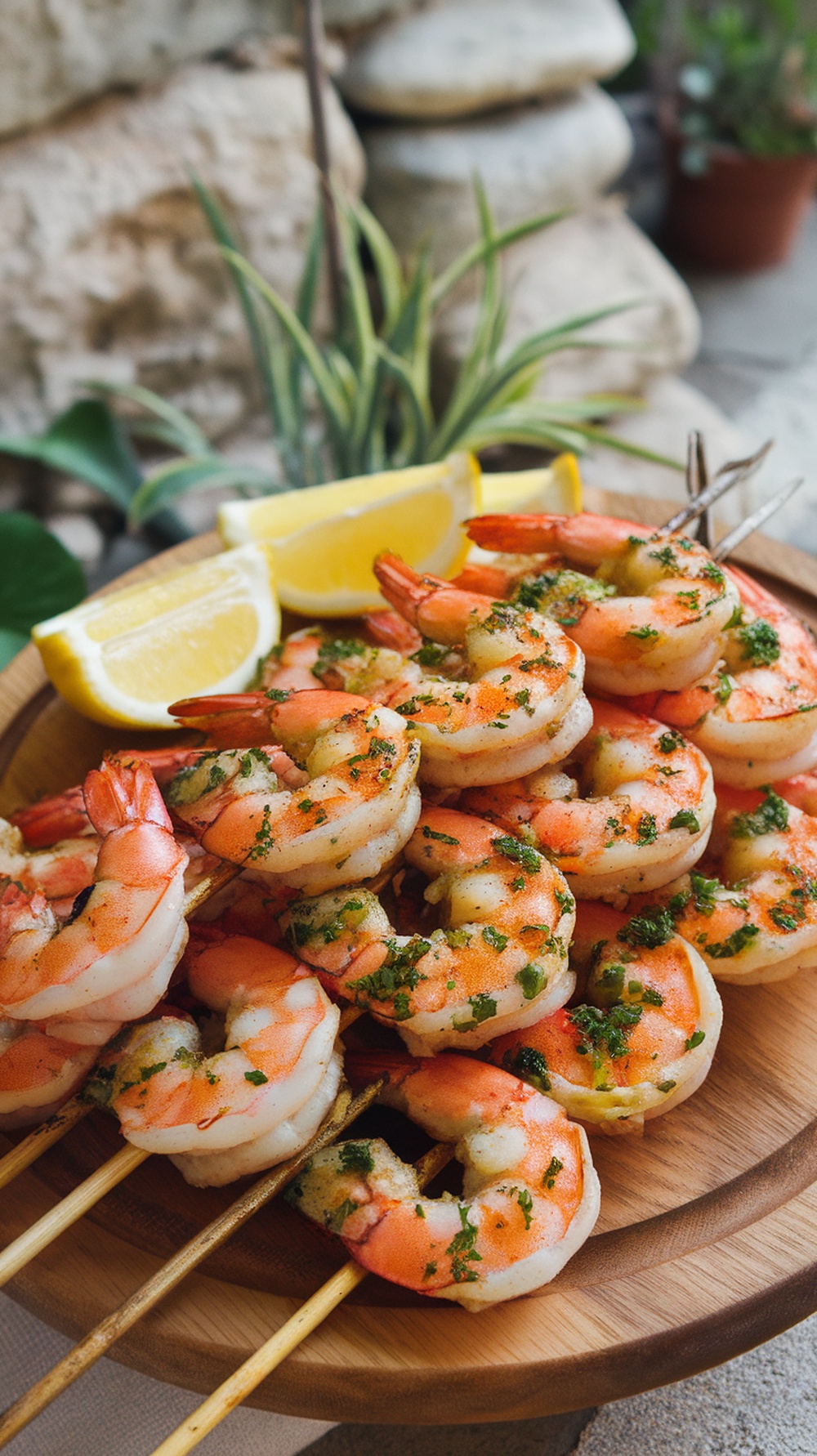 Grilled lemon herb shrimp skewers with lemon wedges