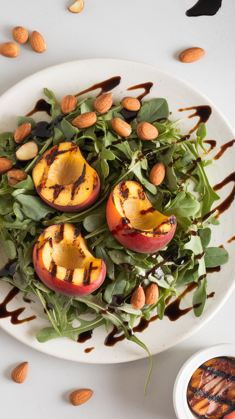 A plate of grilled peach and arugula salad topped with almonds and balsamic glaze.