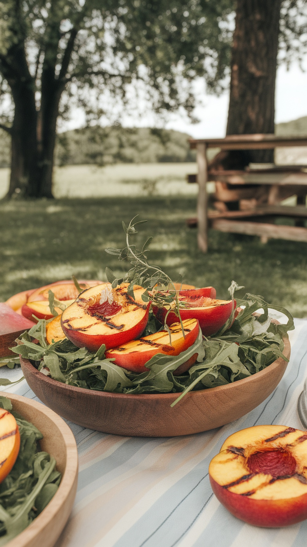A vibrant salad featuring grilled peaches on a bed of arugula, garnished with herbs and walnuts.