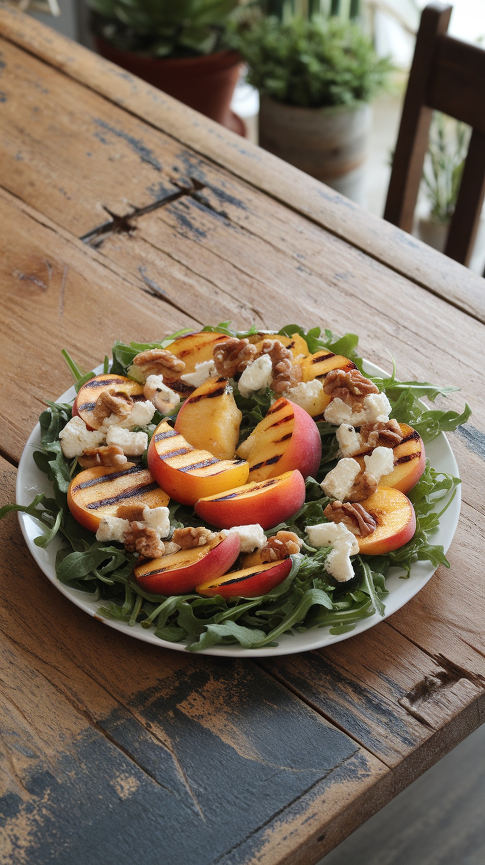 A plate of grilled peach and arugula salad with goat cheese and walnuts on a wooden table.