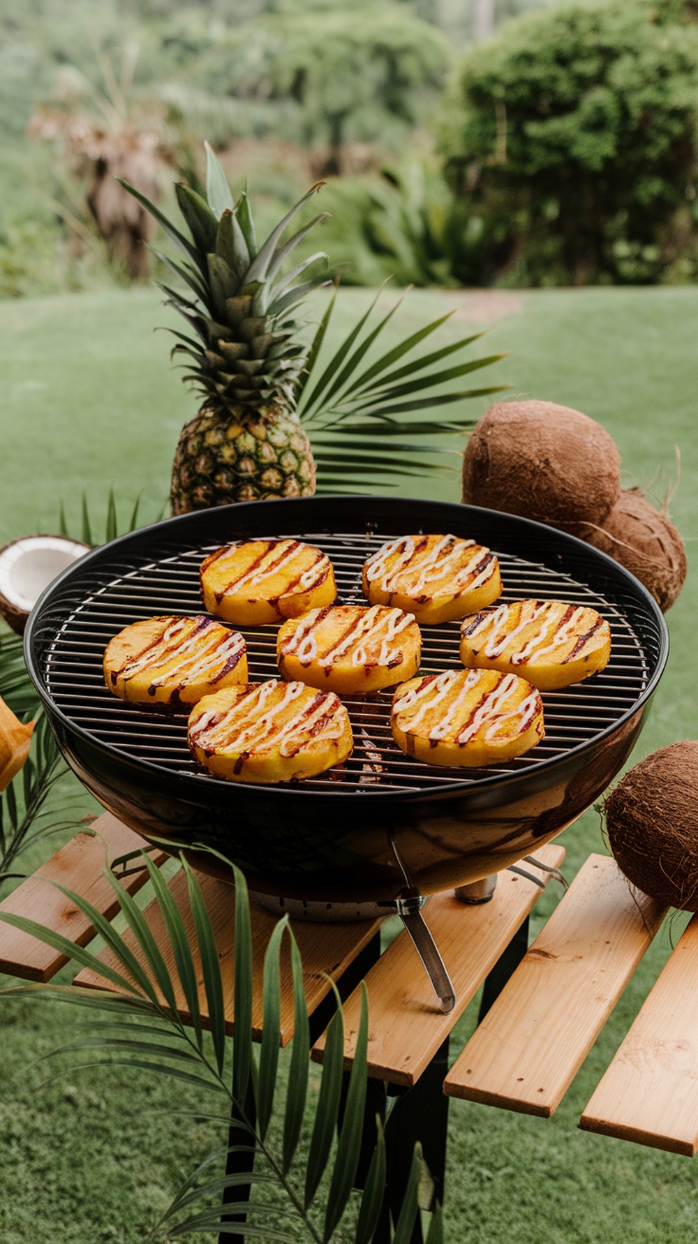 Grilled pineapple slices with coconut rum drizzle on a grill, surrounded by tropical greenery.