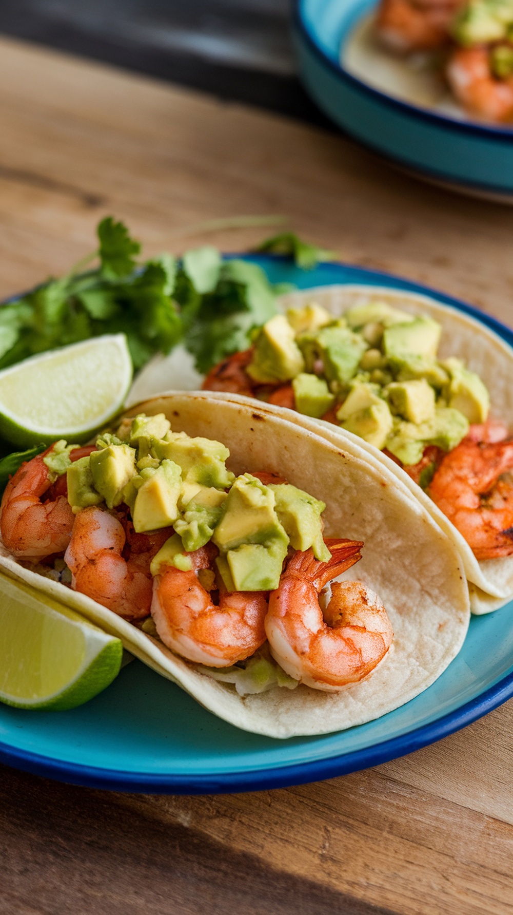 Grilled shrimp tacos with avocado salsa, garnished with lime and cilantro on a blue plate.