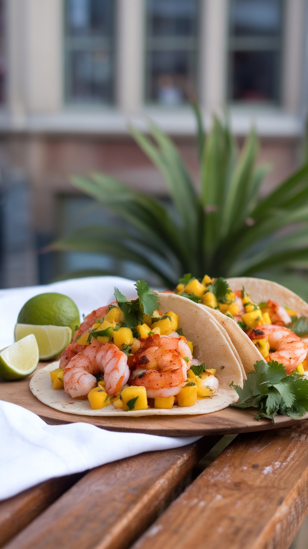 Grilled shrimp tacos with mango salsa on a wooden plate, garnished with lime and cilantro.