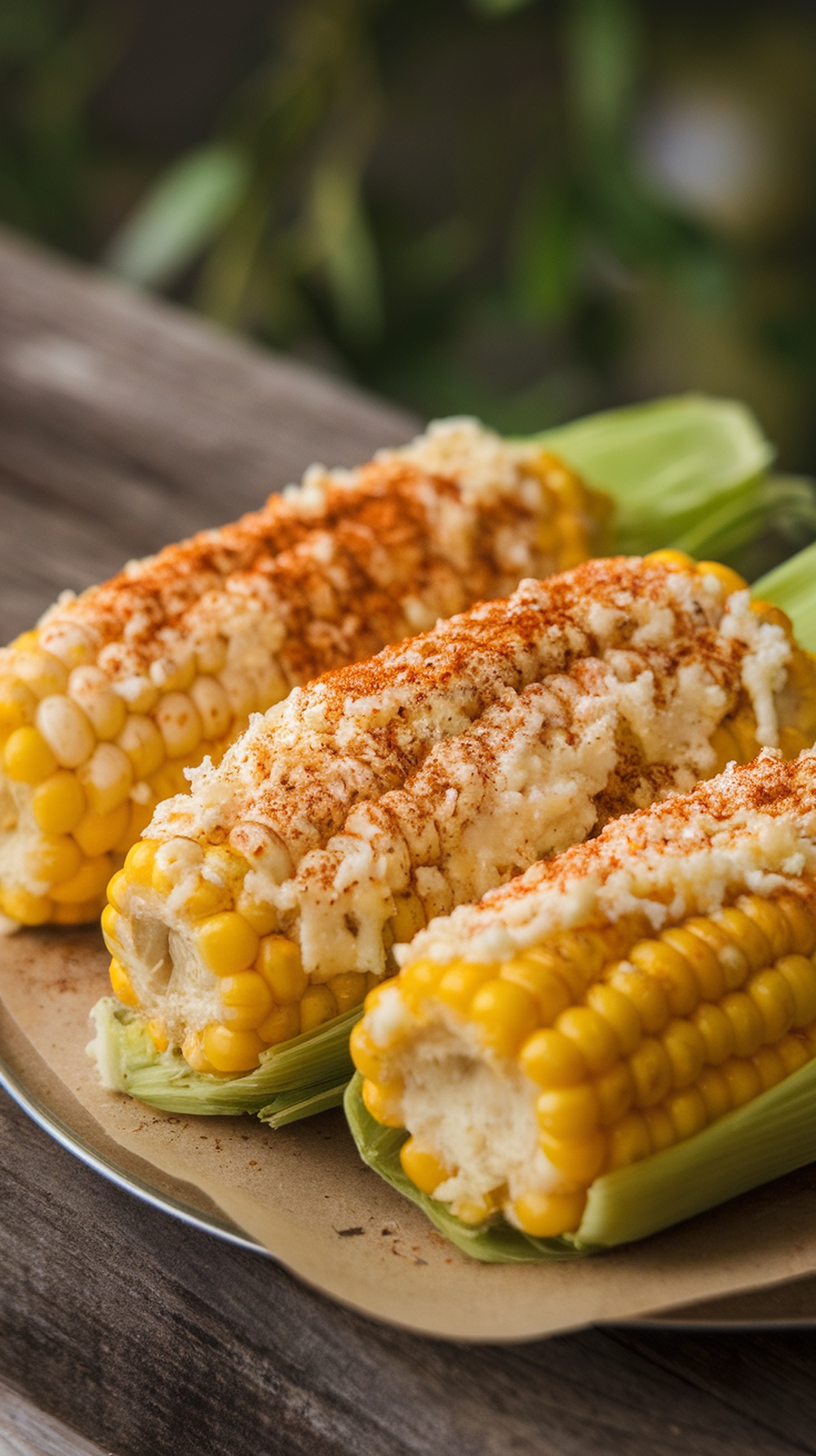 Grilled street corn topped with cotija cheese and chili powder