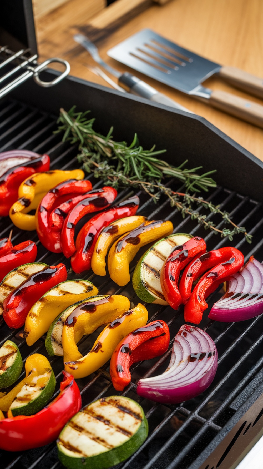 Grilled vegetable medley featuring red and yellow bell peppers, zucchini, and red onion on a grill.