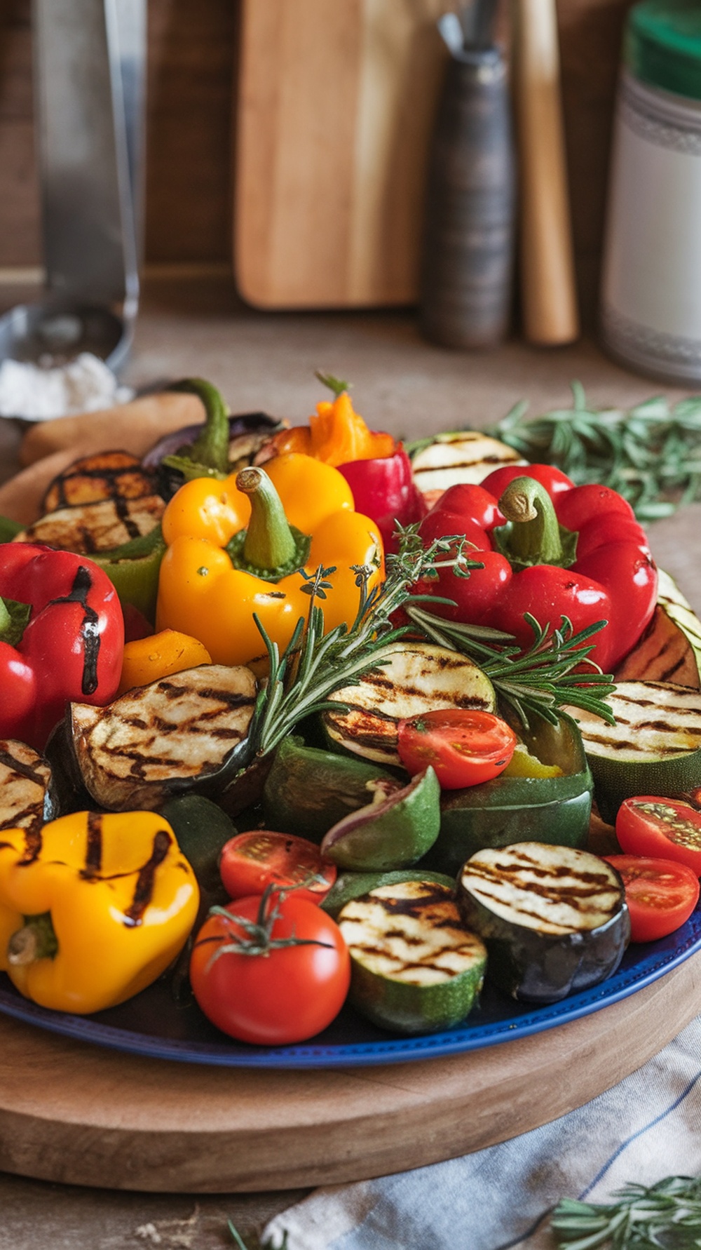 A colorful grilled vegetable platter featuring bell peppers, zucchini, eggplant, and cherry tomatoes, garnished with fresh herbs.