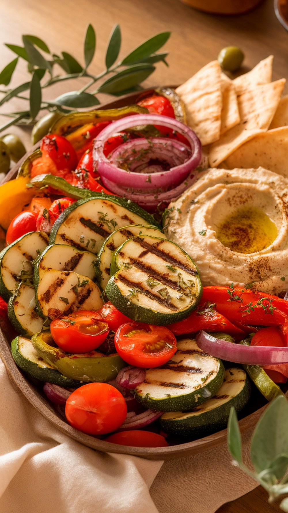 A colorful grilled vegetable platter featuring zucchini, bell peppers, red onions, cherry tomatoes, and hummus.
