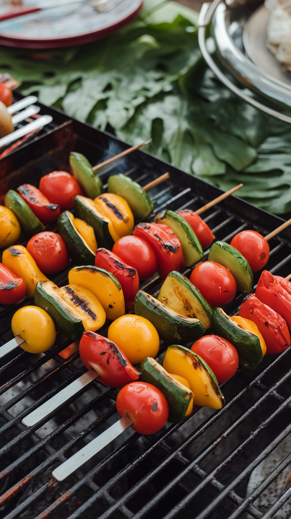 Colorful grilled vegetable skewers on a grill