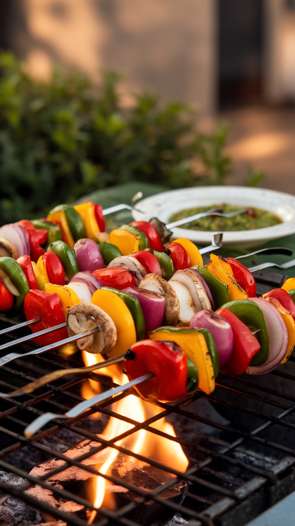 Colorful grilled vegetable skewers on a barbecue grill with chimichurri sauce in the background.