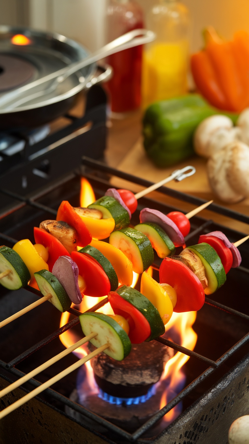 Colorful grilled vegetable skewers on a grill with flames in the background.