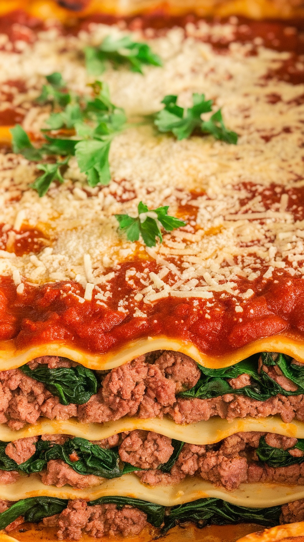 A close-up of layered ground beef and spinach lasagna topped with marinara sauce and cheese.