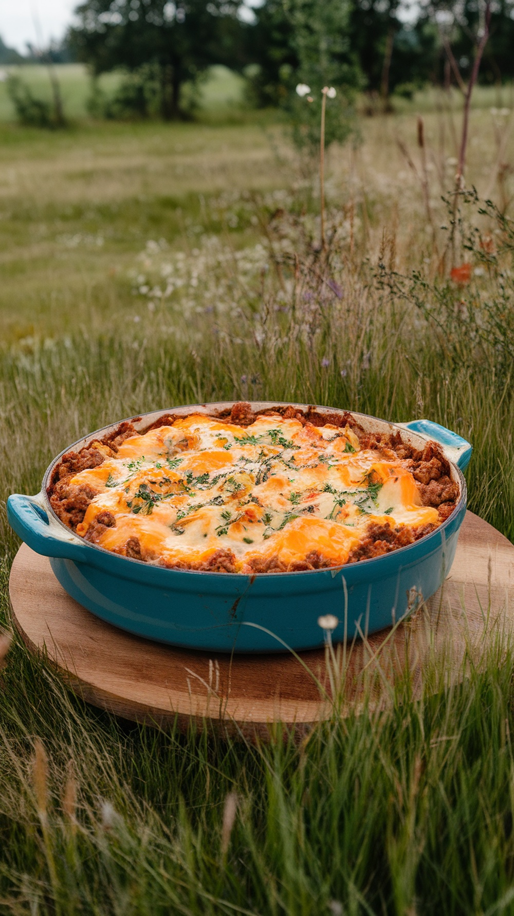 A colorful ground beef and sweet potato casserole in a blue dish, set in a grassy outdoor setting.