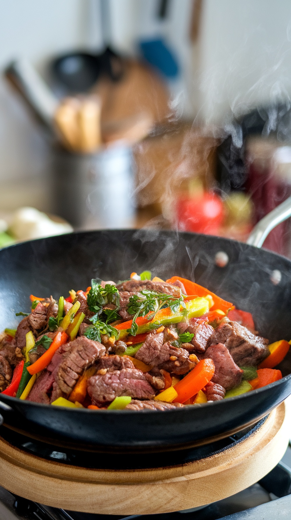 A sizzling beef and vegetable stir-fry in a wok, showcasing colorful bell peppers and fresh ingredients.