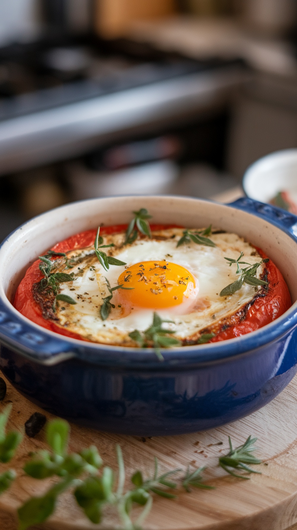 A baked dish with tomatoes, herbs, and an egg on top.