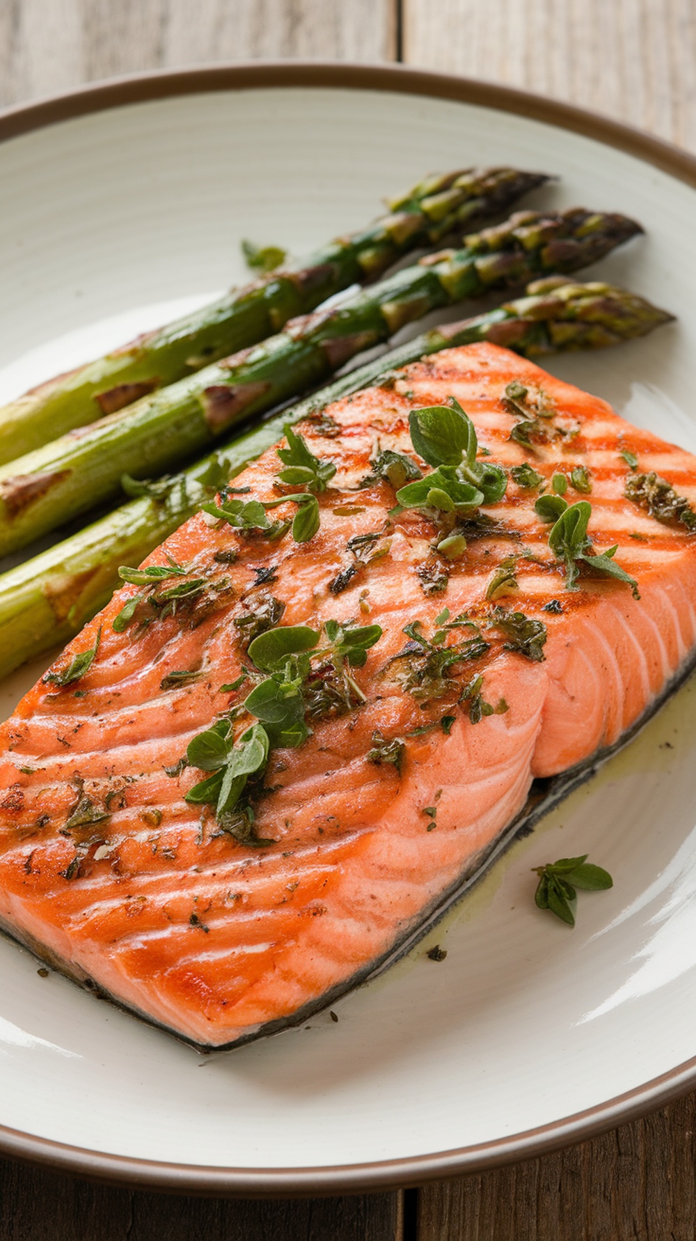 Grilled salmon fillet with herbs served alongside grilled asparagus on a plate.