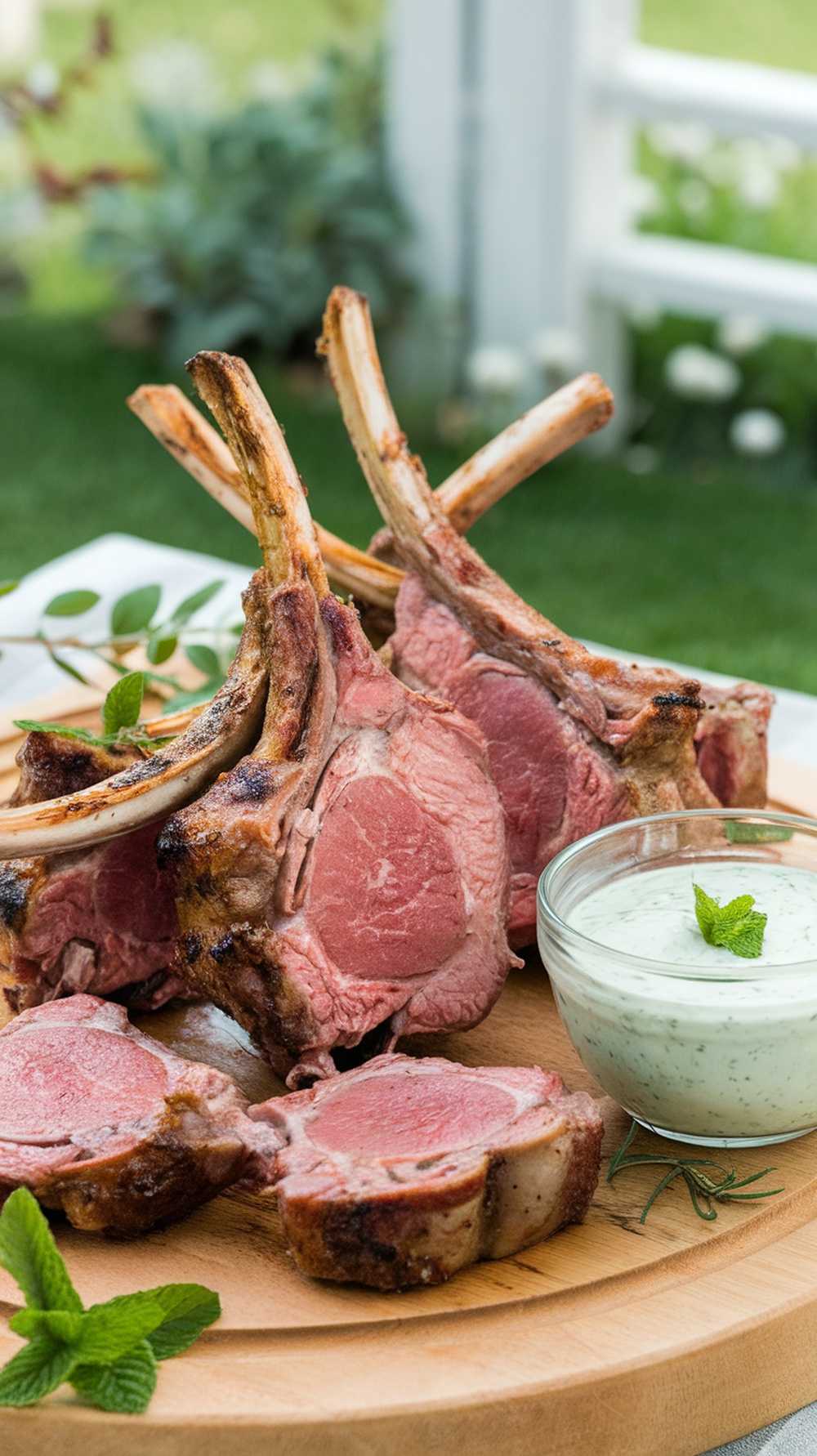 Grilled herbed lamb chops served with mint yogurt on a wooden platter.