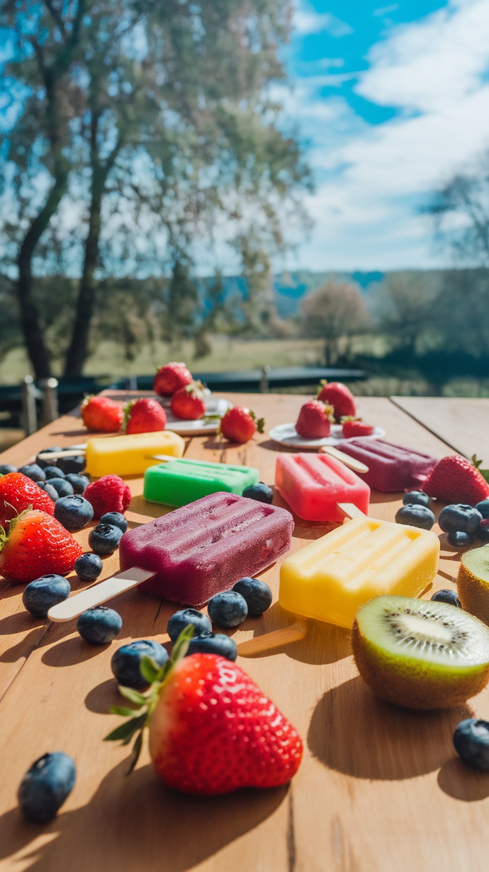 Colorful homemade frozen fruit pops on a wooden table surrounded by fresh strawberries and blueberries.