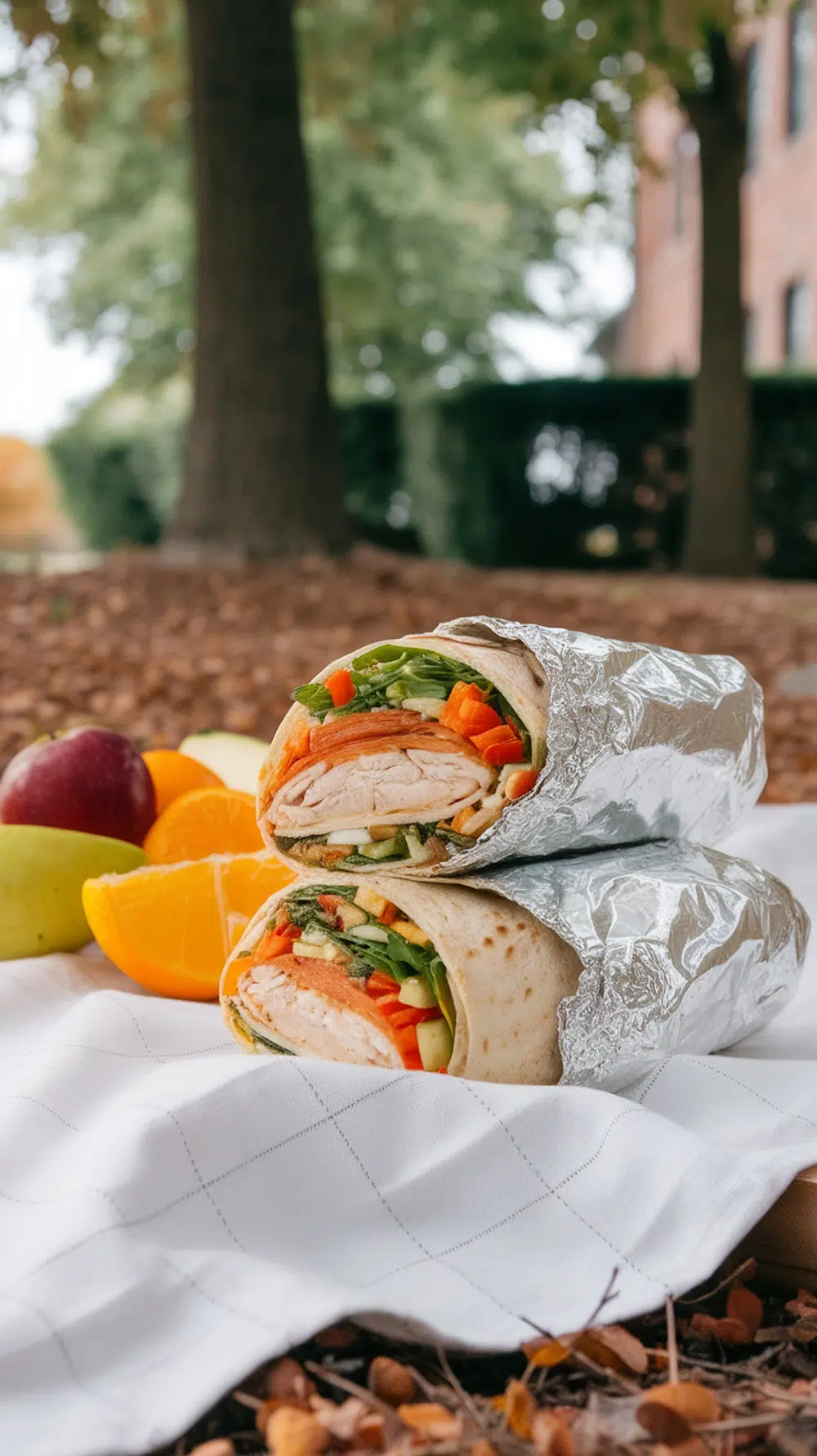 Honey mustard chicken wraps with fresh vegetables and fruits on a picnic blanket