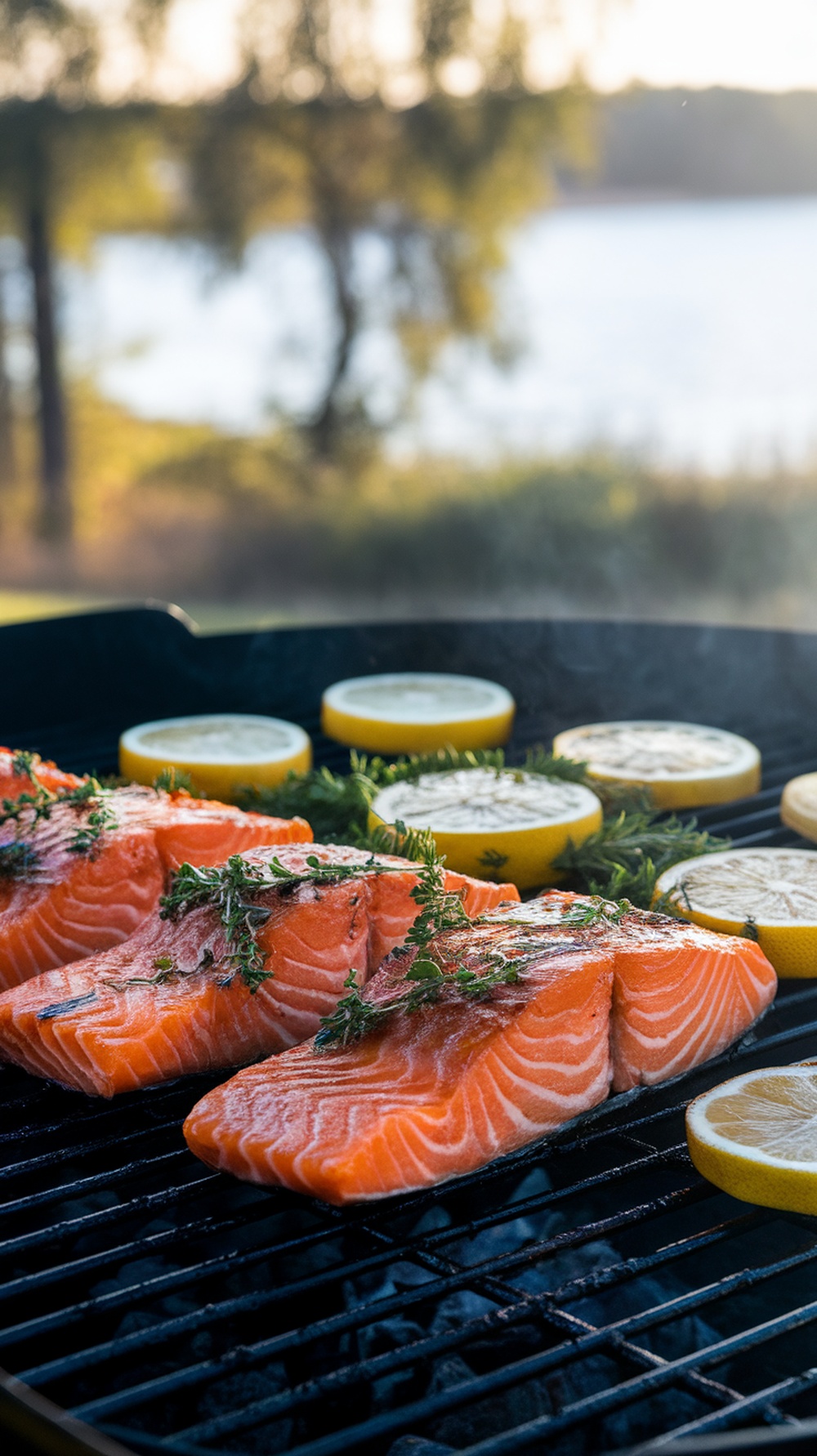 Grilled salmon fillets with lemon slices on a grill