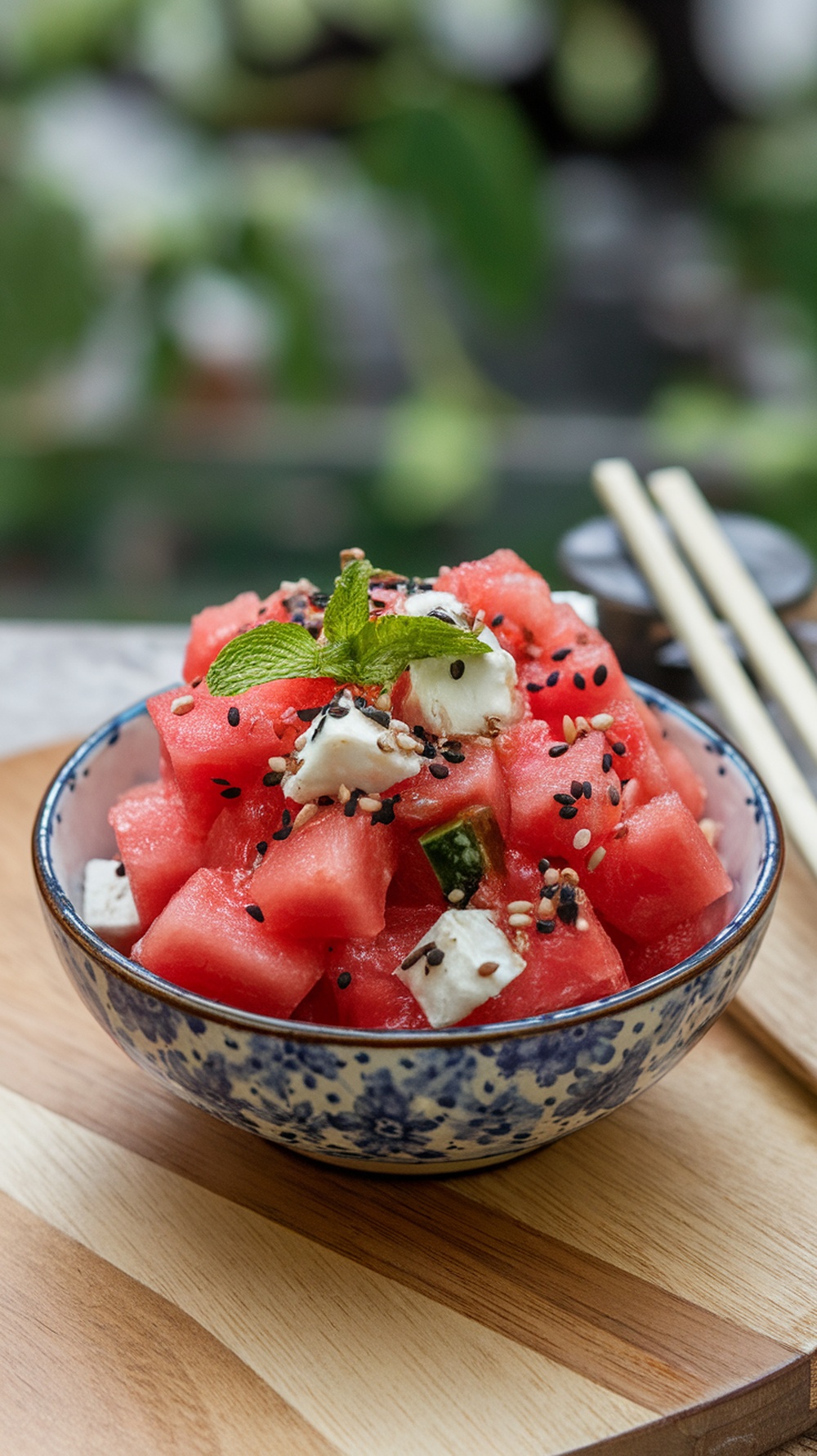 A bowl of Japanese Watermelon and Feta Salad with mint and sesame seeds.