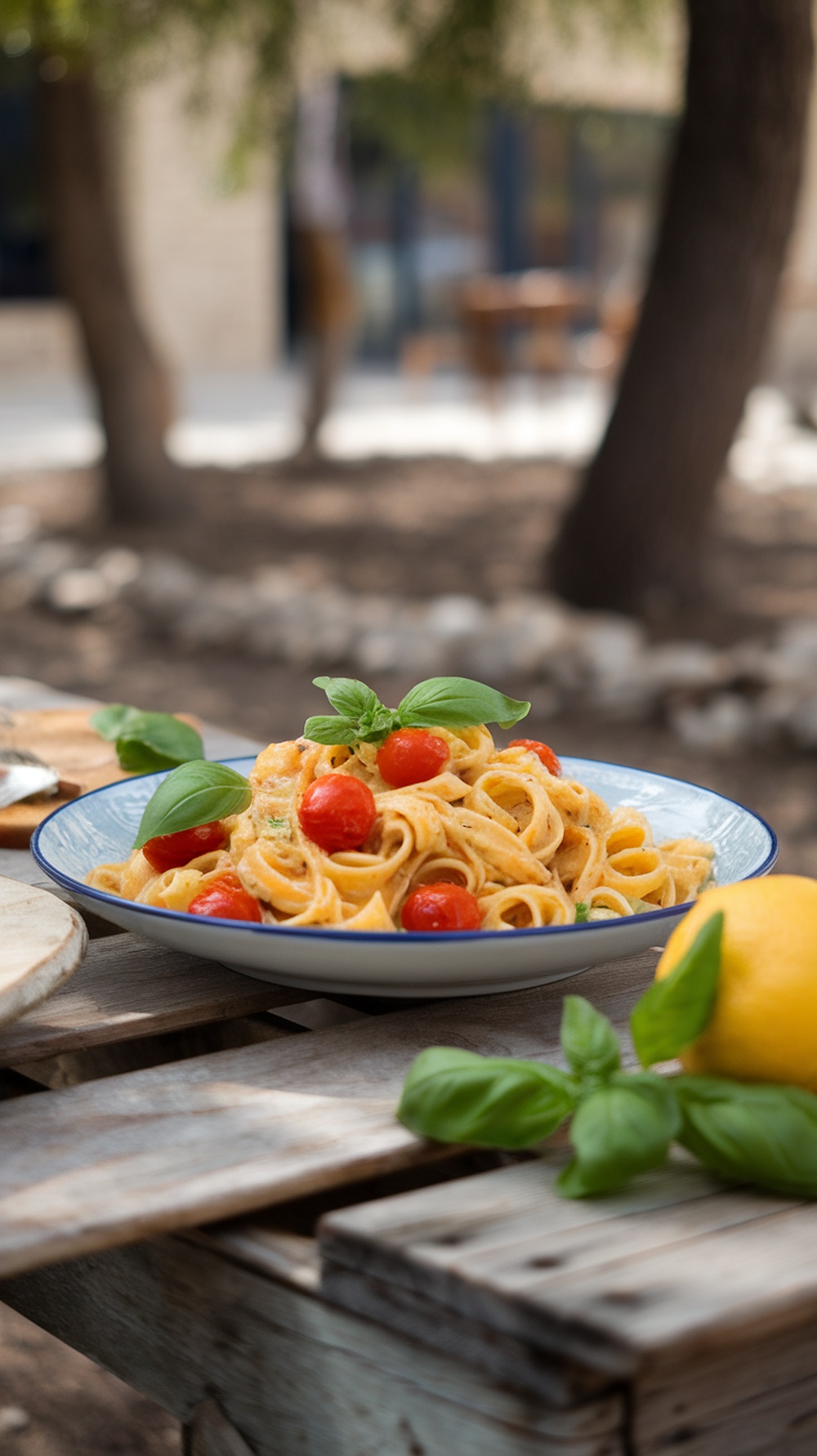 A plate of lemon basil pasta with cherry tomatoes, garnished with fresh basil leaves, served on a rustic wooden table.