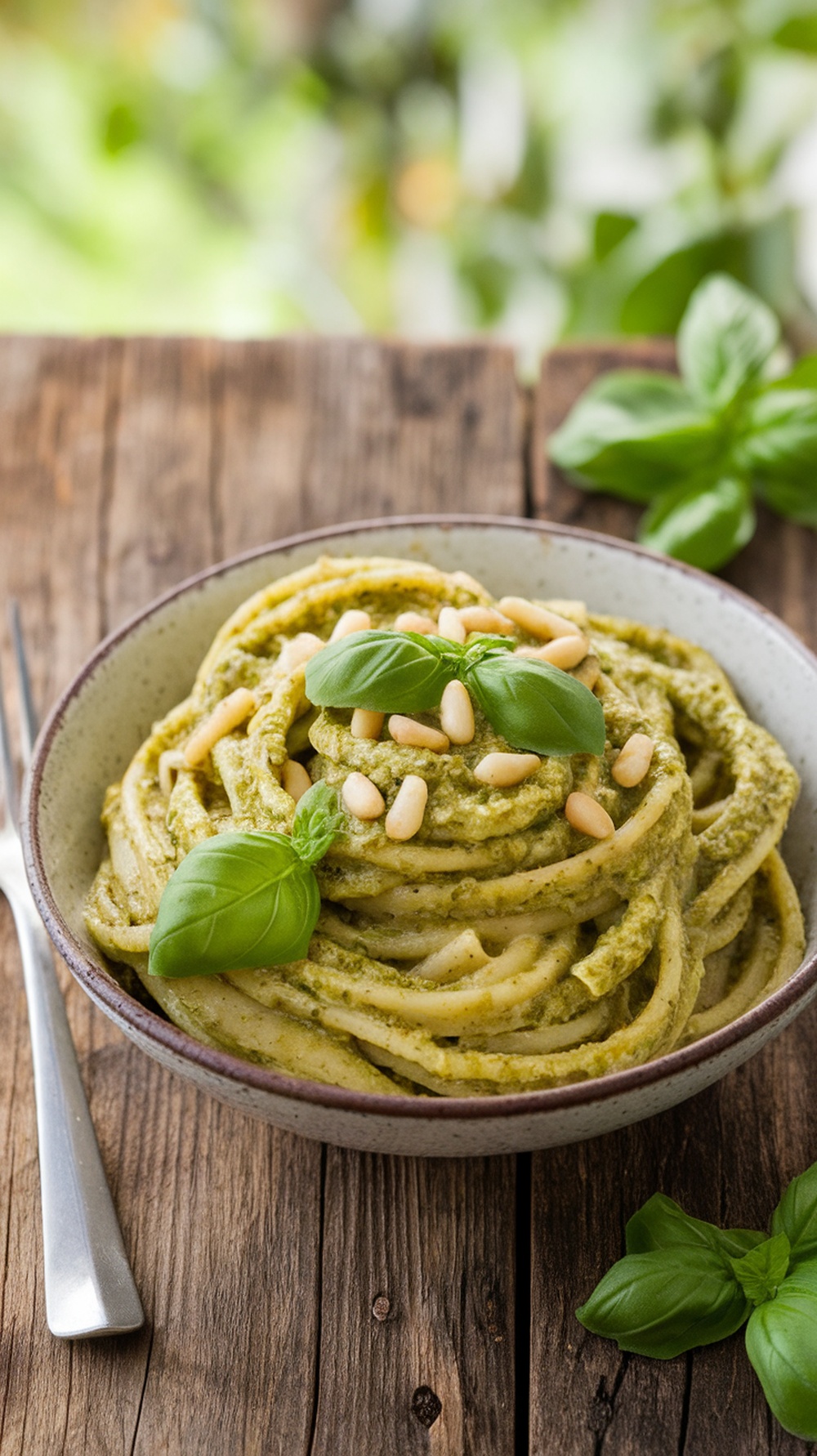 A bowl of Lemon Basil Pesto Pasta topped with pine nuts and fresh basil leaves.