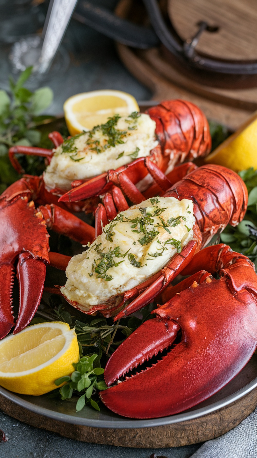 Lemon Garlic Butter Lobster Tails on a platter with lemon slices and herbs
