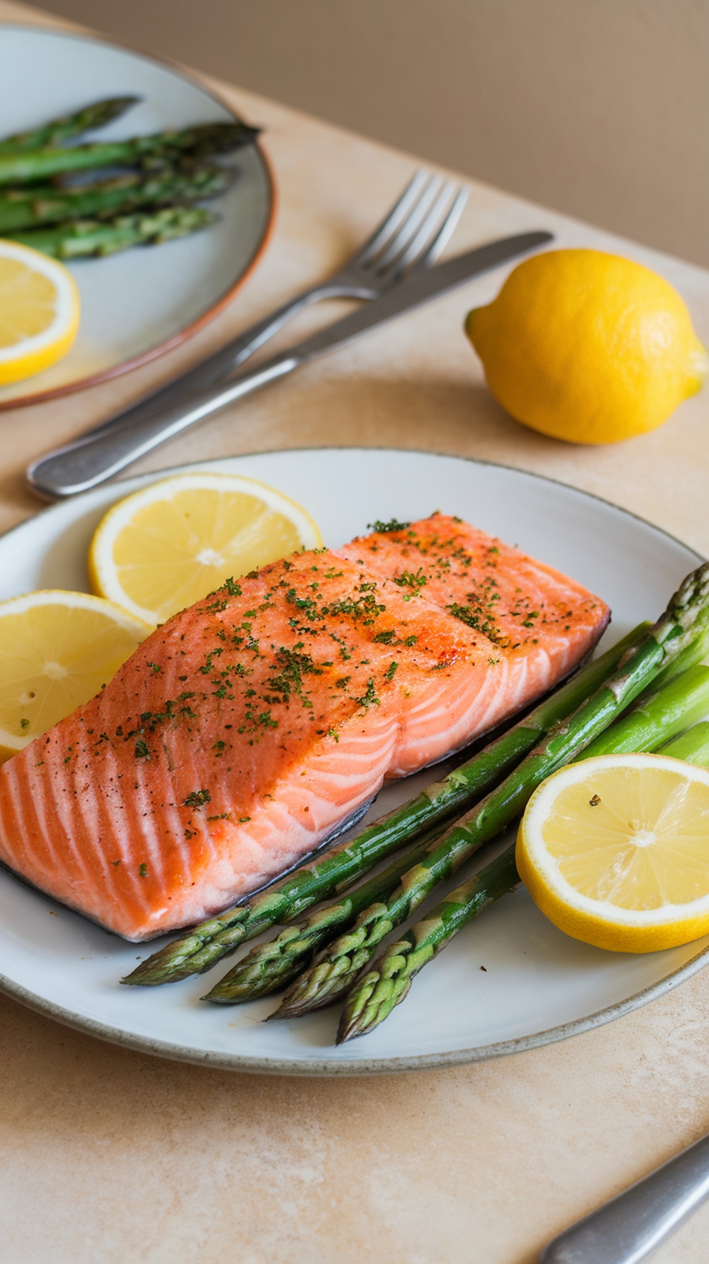 Plate of Lemon Garlic Butter Salmon with asparagus and lemon slices