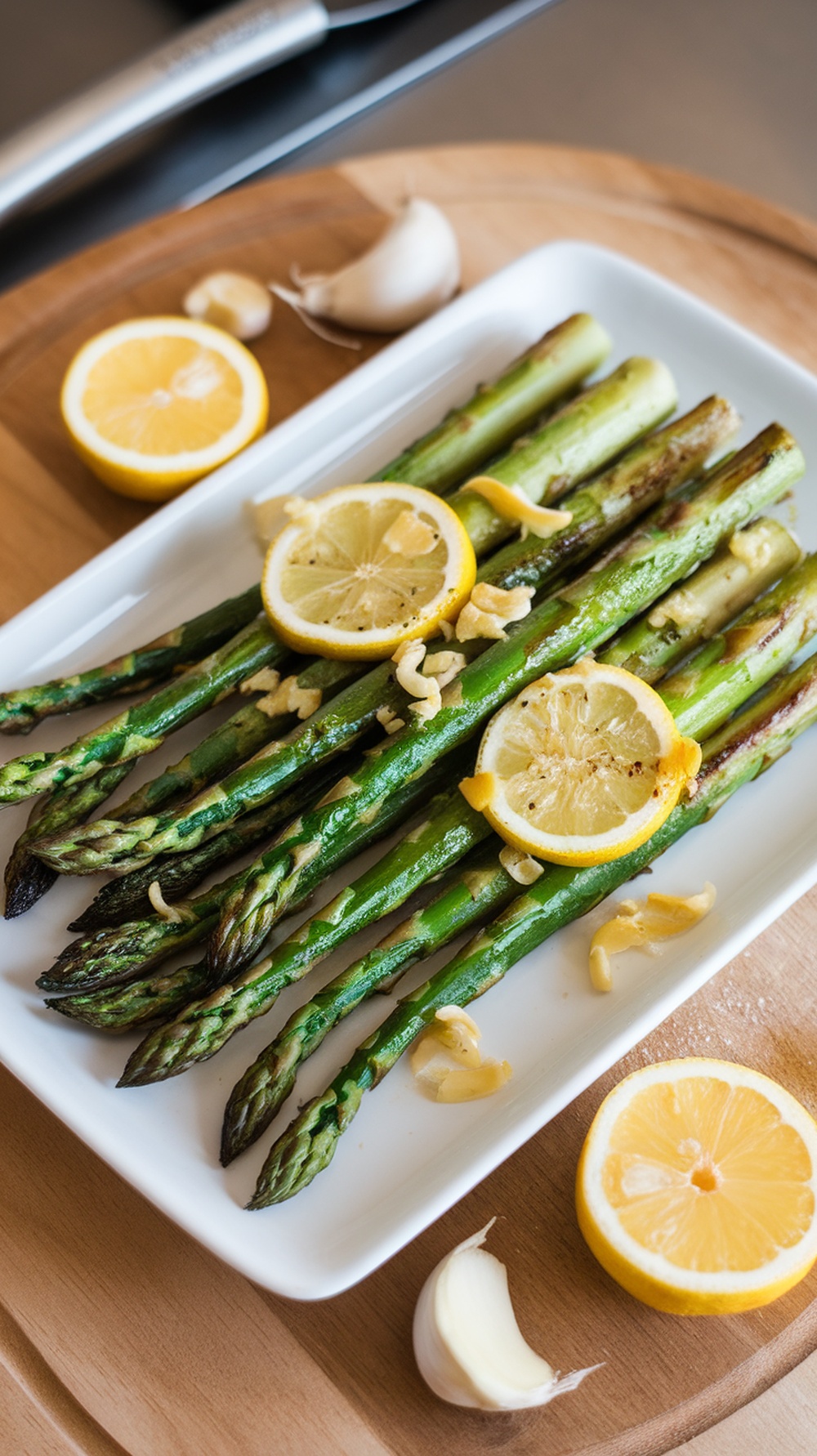 Grilled asparagus garnished with lemon slices and garlic on a white plate.
