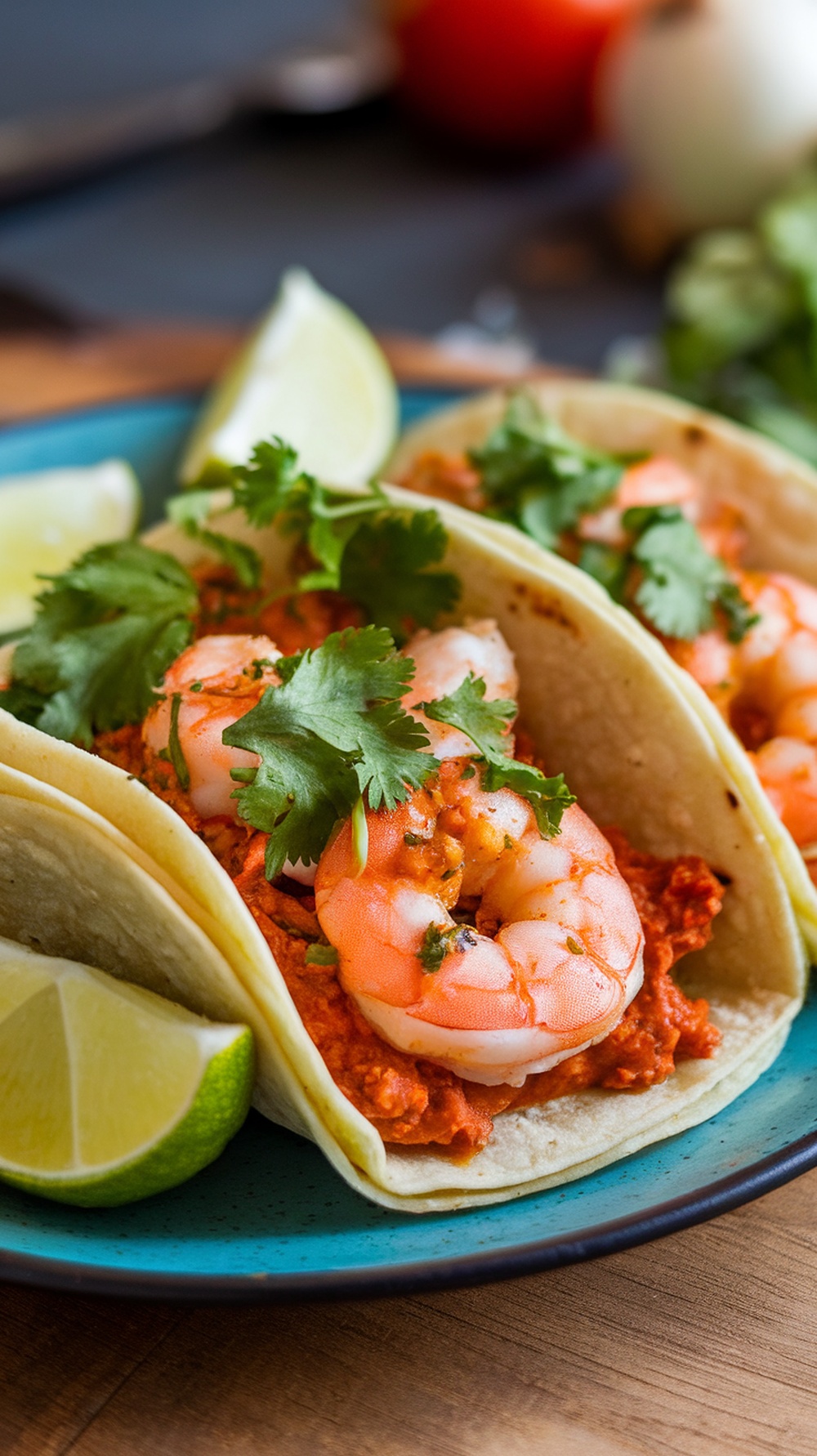 Lemon Garlic Shrimp Tacos with lime and cilantro on a blue plate