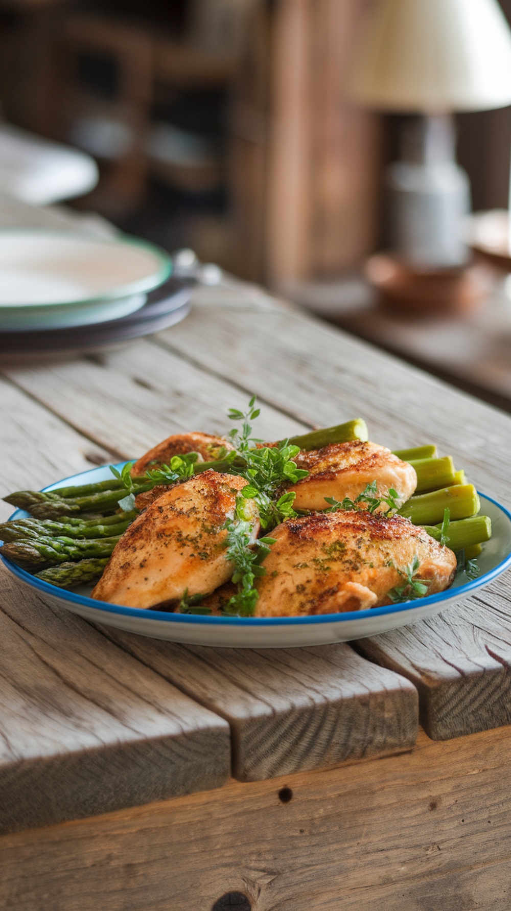 A plate of Lemon Herb Chicken with Asparagus, garnished with fresh herbs.