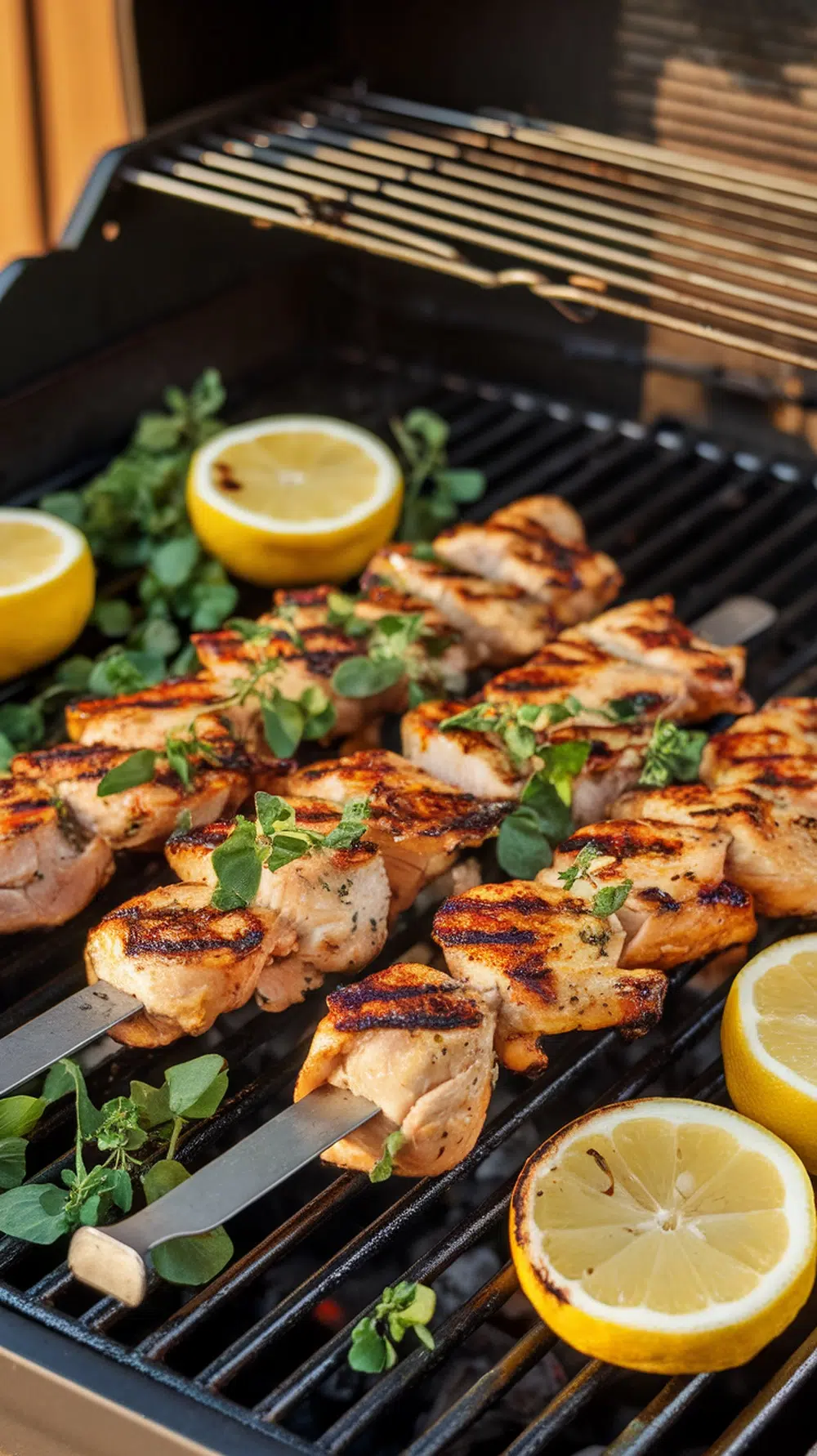 Grilled chicken skewers with lemon and herbs on a grill