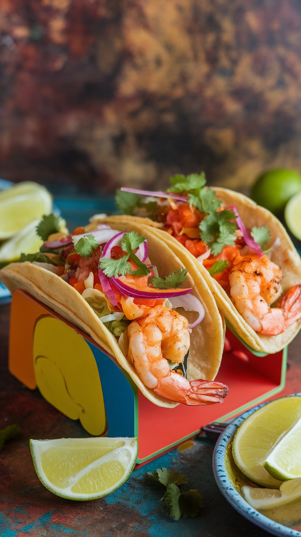 Lemongrass grilled shrimp tacos with fresh toppings and lime wedges