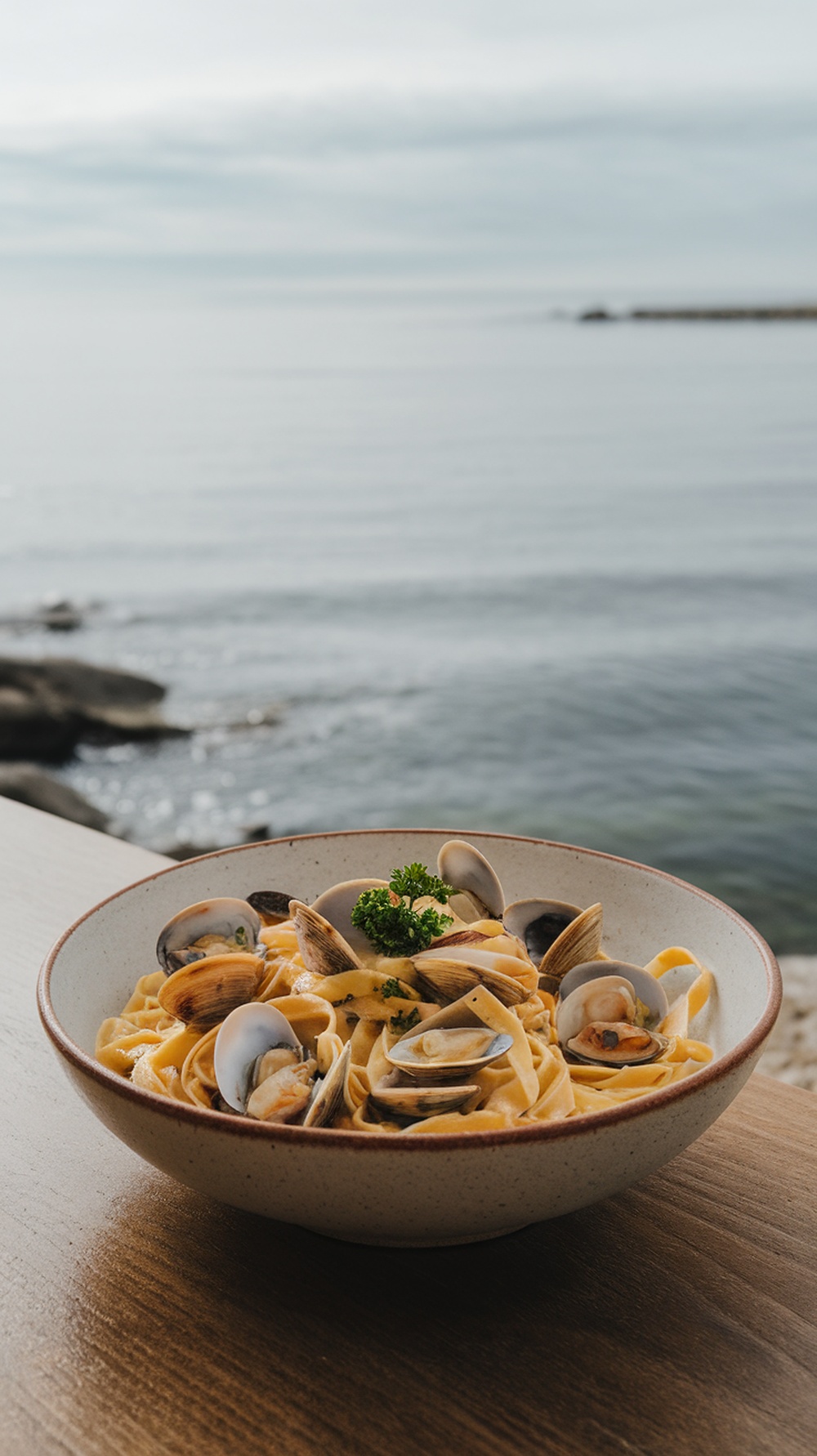 A bowl of linguine with clams and white wine, garnished with parsley, set against a serene ocean backdrop.