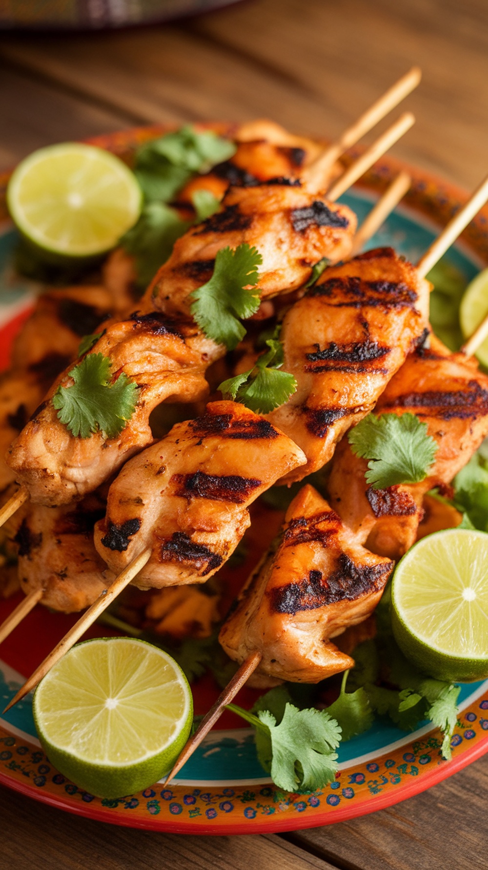 Grilled chicken skewers with lime and cilantro on a colorful plate