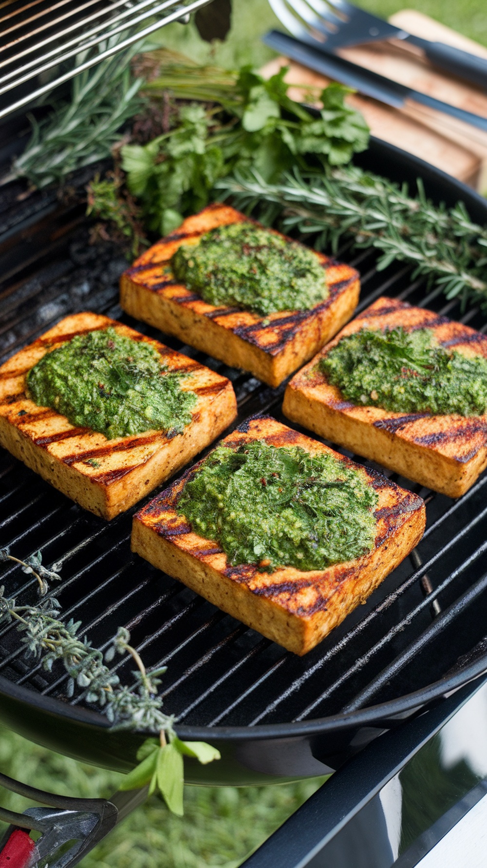Grilled tofu steaks topped with chimichurri sauce on a grill