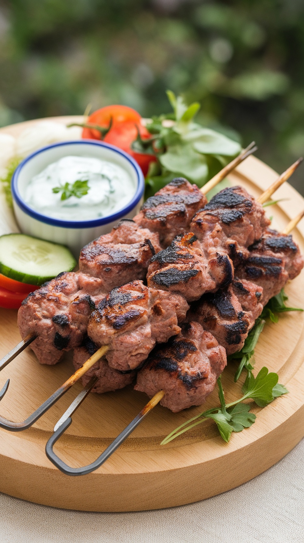Grilled beef kofta skewers on a wooden platter with fresh vegetables and a dipping sauce.