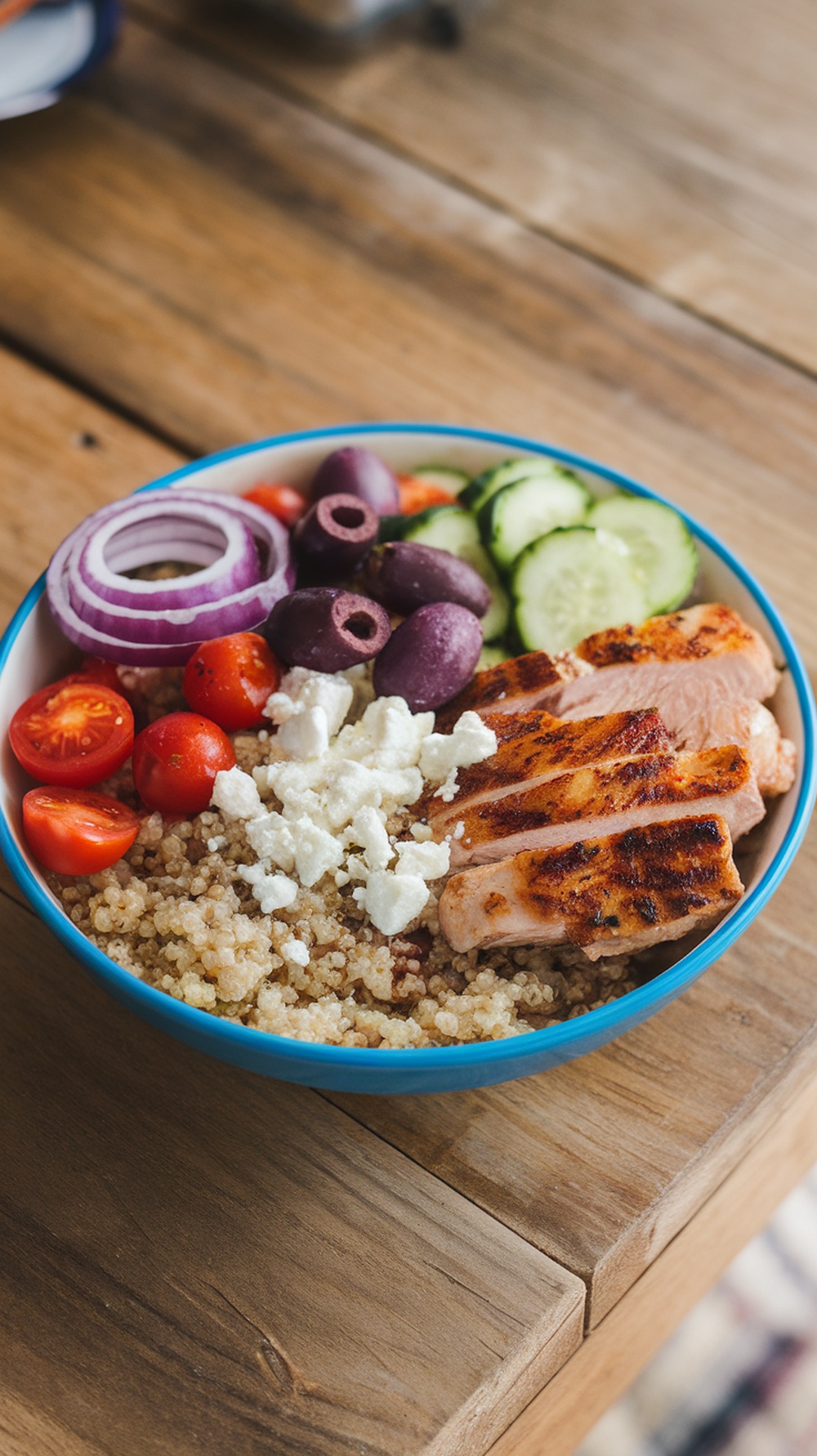 A colorful Mediterranean Chicken Quinoa Bowl with grilled chicken, quinoa, cherry tomatoes, cucumbers, red onions, olives, and feta cheese.